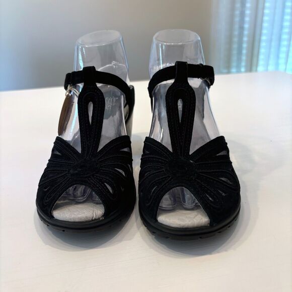 NEW Jambu Sahara Peep Toe Black Suede Leather Wooden Heels Sandals‎ US Size 6 M - Picture 5 of 11